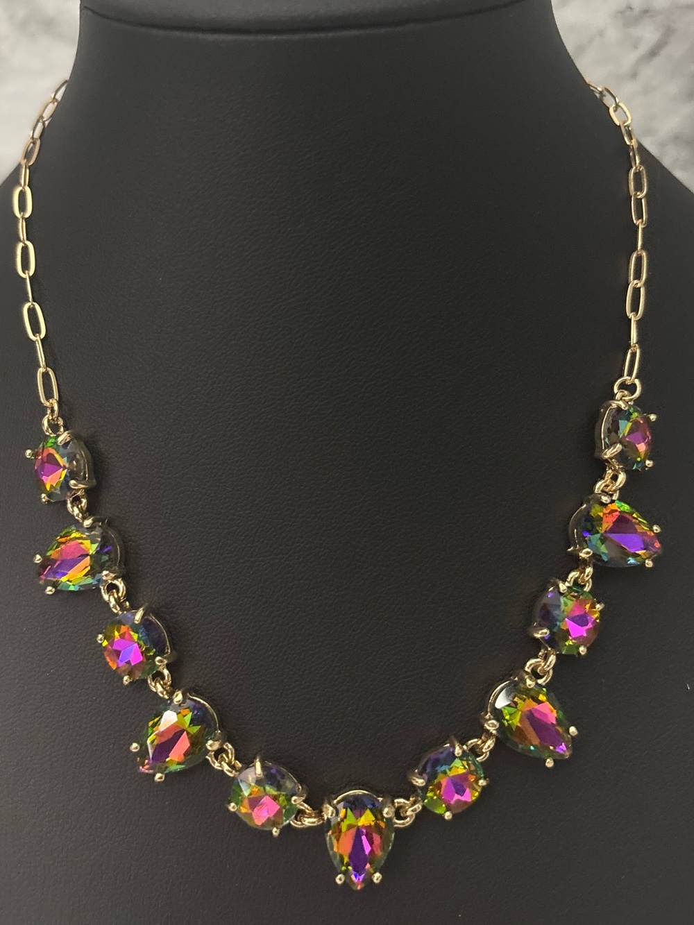 Volcano Round Glass Tear Drop Link Gold Necklace - Picture 3 of 3